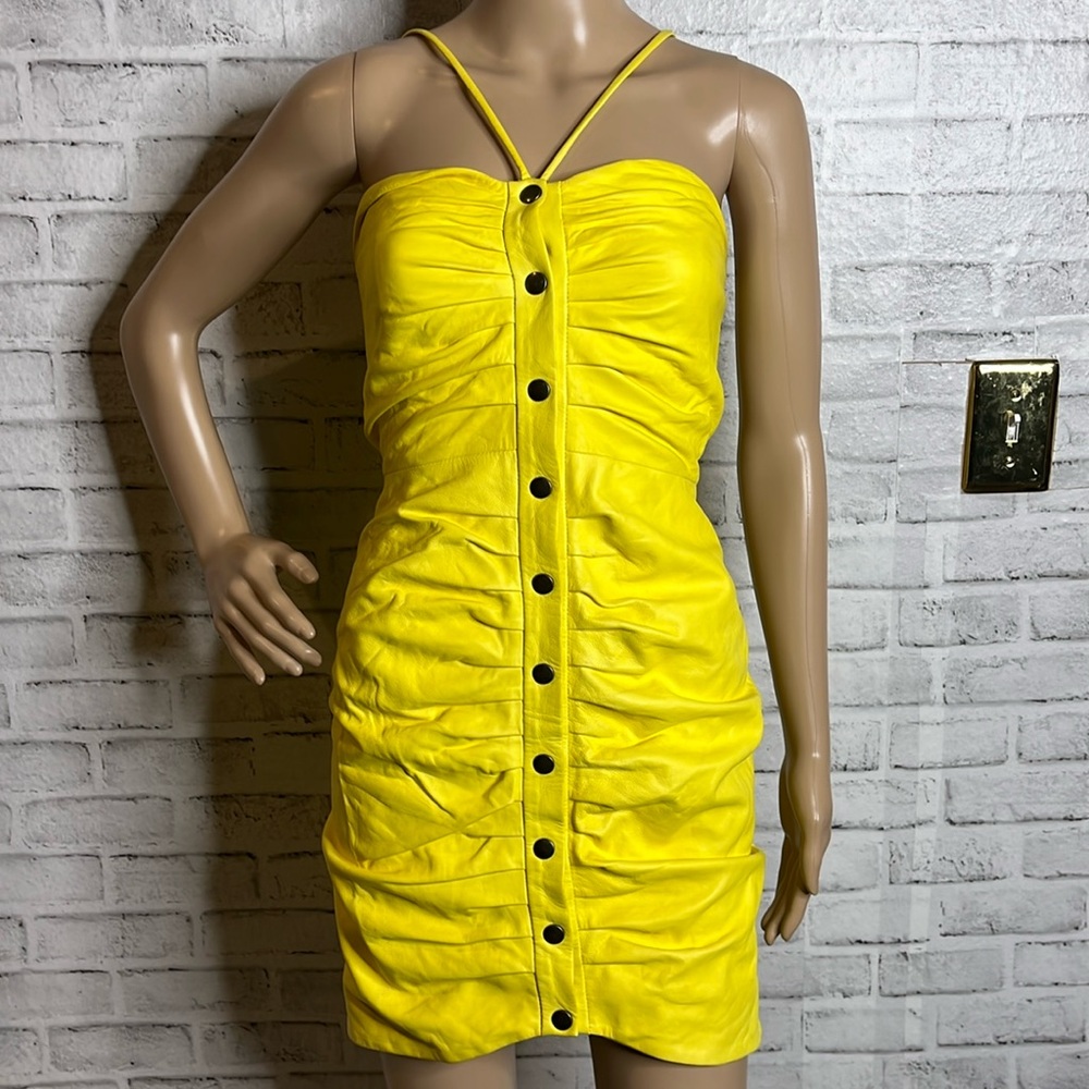 Paul & Joe paris yellow leather ruched mini dress
